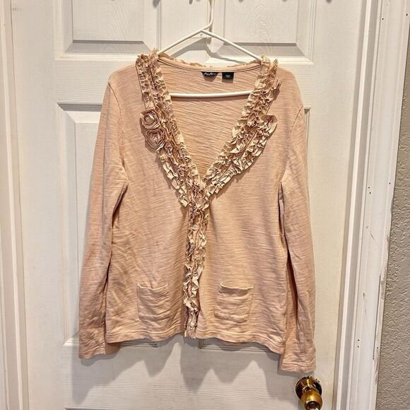 Eddie Bauer Cardigan Women's Size L‎ Silk Cotton Light Pink Taupe Ruffle Rosette - Picture 1 of 8
